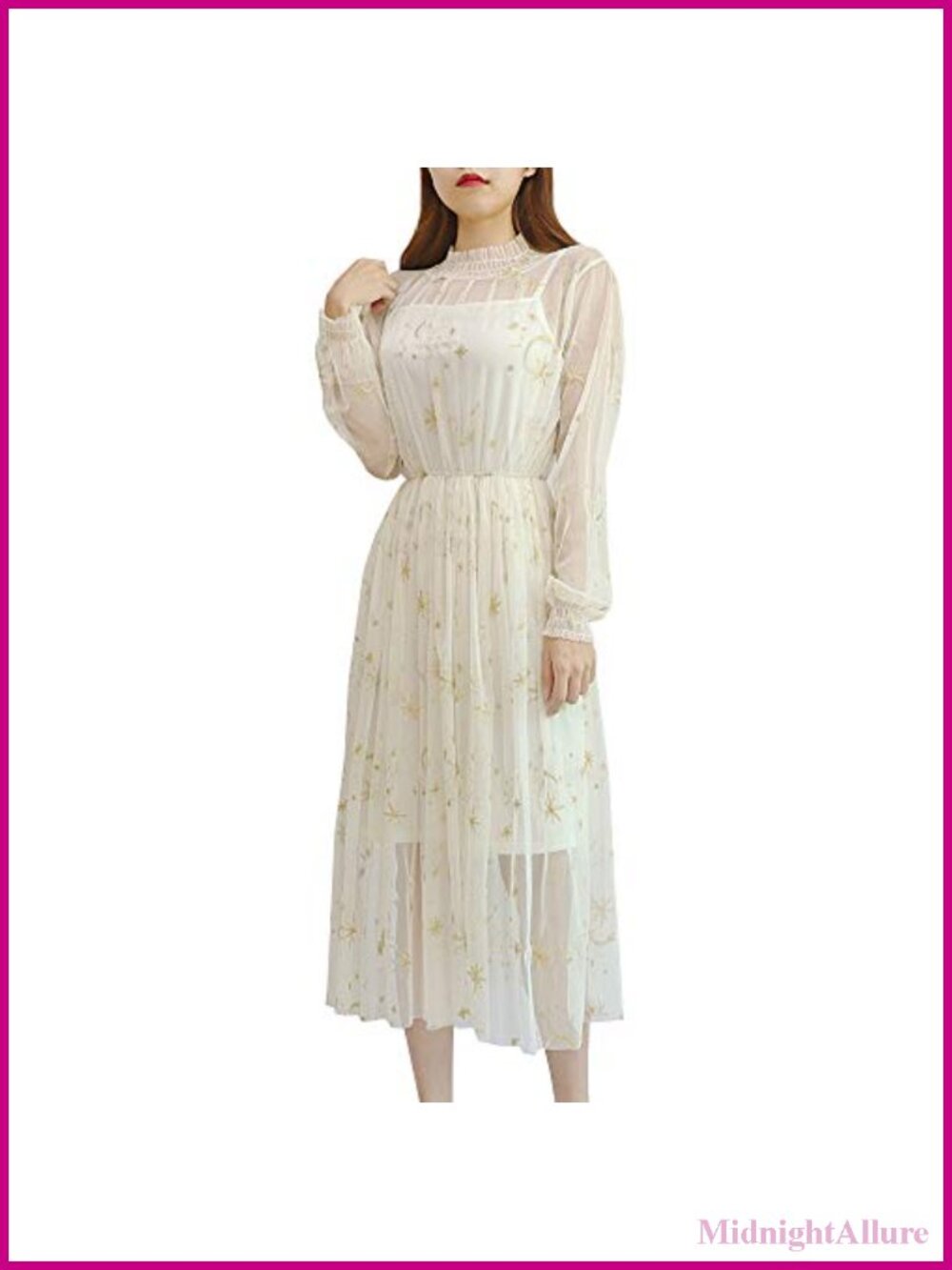 Women Summer Chiffon Dress Stars Moon Print Embroidered Princess Midi Dress